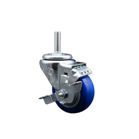 Service Caster 3 Inch Blue Polyurethane Wheel Swivel 58 Inch Threaded Stem Caster with Brake SCC SCC-TS20S314-PPUB-BLUE-TLB-58212